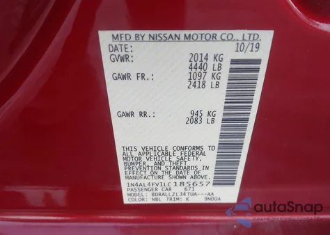 2020 Nissan Altima Platinum Vc-Turbo Fwd z USA, uszkodzony, nr VIN 1N4AL4FV1LC185657